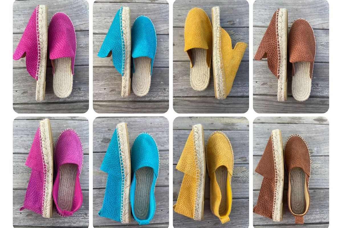 Alpargatas de piel con suela de yute en fucsia, turquesa, maíz y marrón de Leathersophy