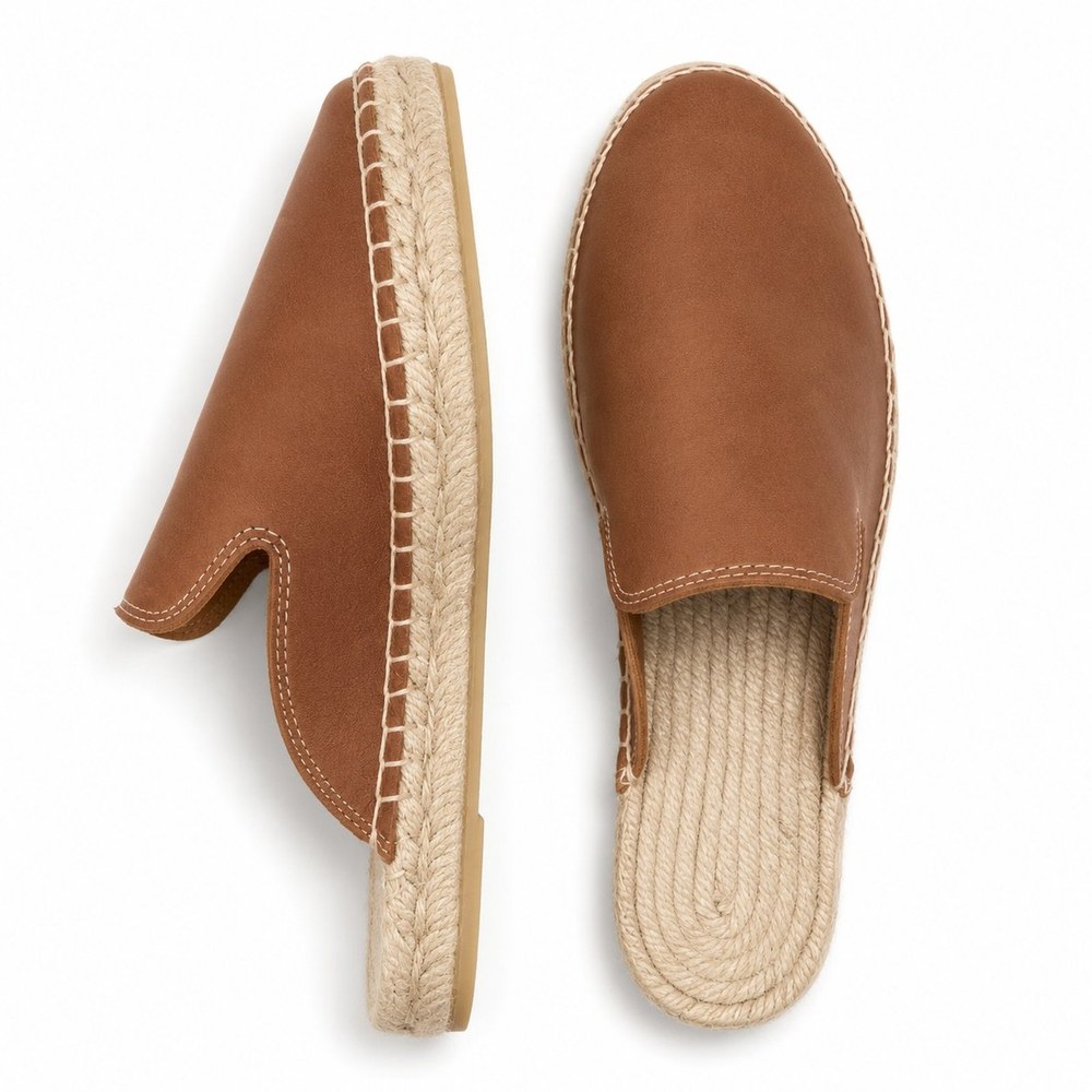 Zueco alpargata de piel con suela de yute trenzada — modelo MARINA en color Cuero de Leathersophy