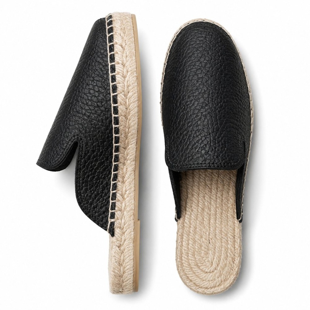 Zueco alpargata de piel con suela de yute trenzada — modelo MARINA en color Negro de Leathersophy